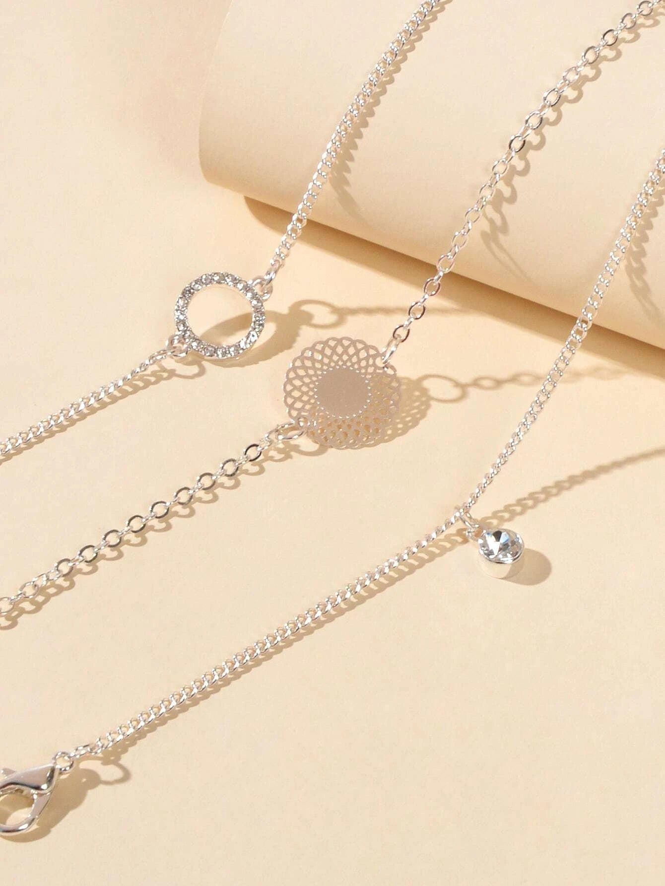 3 pcs/set Fashion Jewellery Silver Chain Rhinestone Circle Charm Bracelet Gift