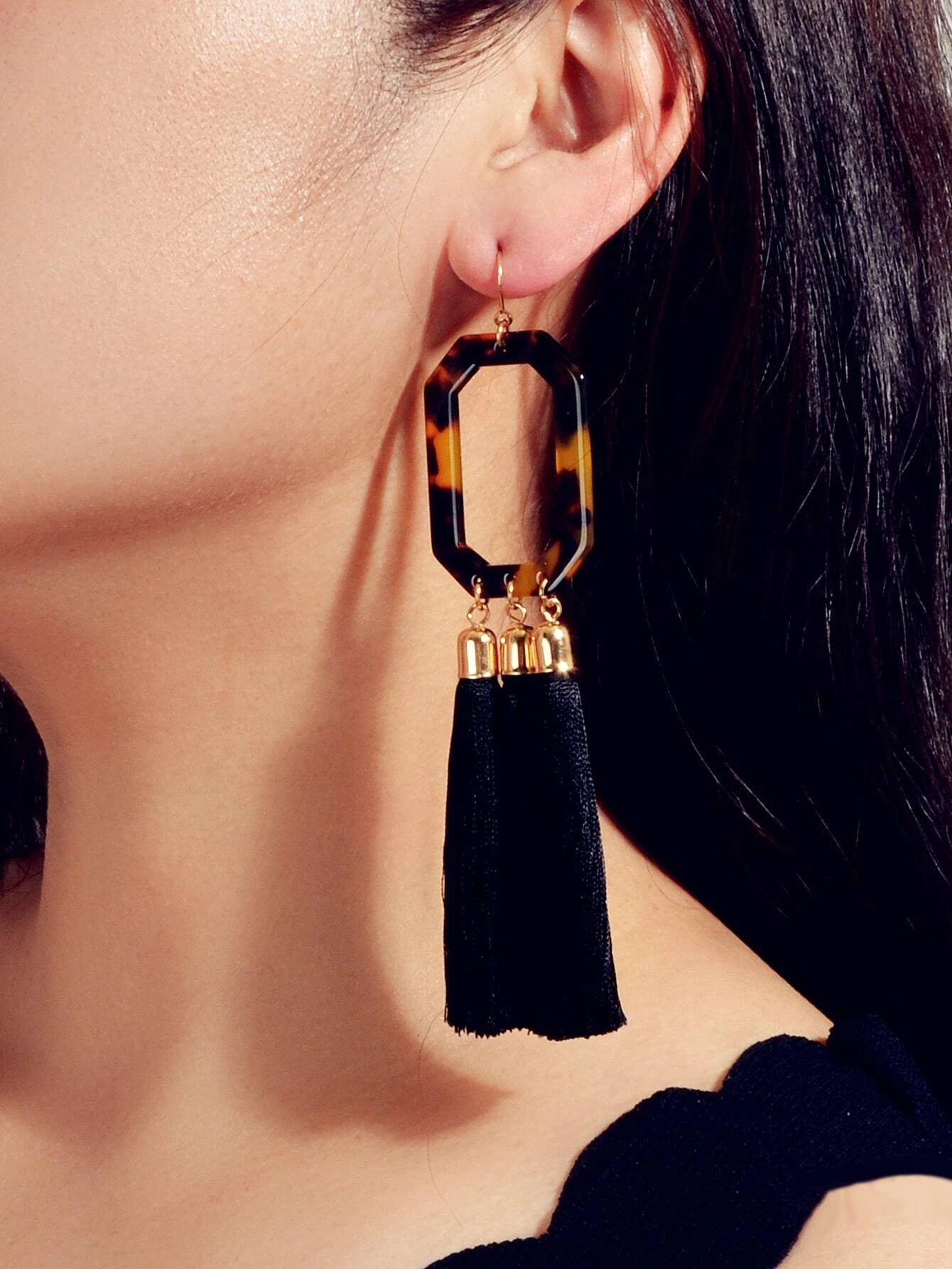 Bohemian Jewellery Leopard Acrylic Black Tassel Dangle Earring Ethnic Accessory