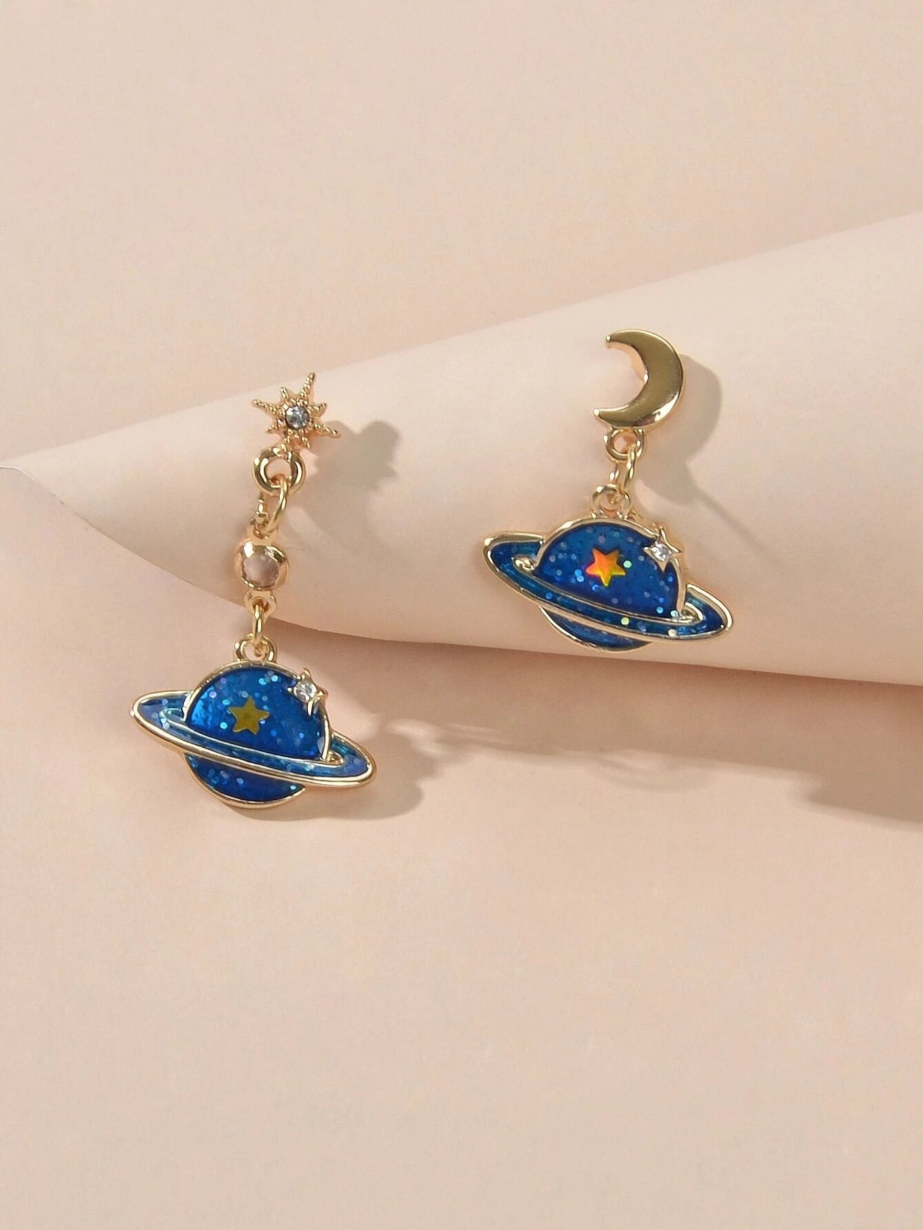 Fashion Jewellery Blue Enamel Planet Moon Star Asymmetric Drop Stunning Earrings