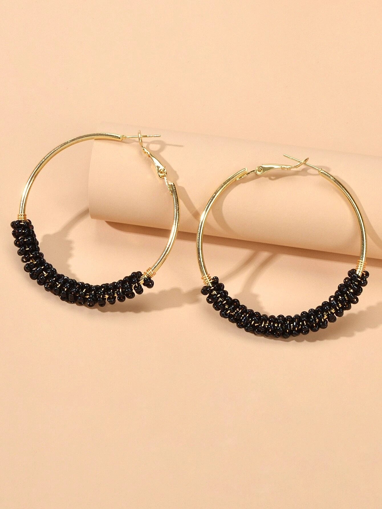 Bohemian Jewellery Handmade Black Beads Big Hoop Earrings Ethnic Women Accessory