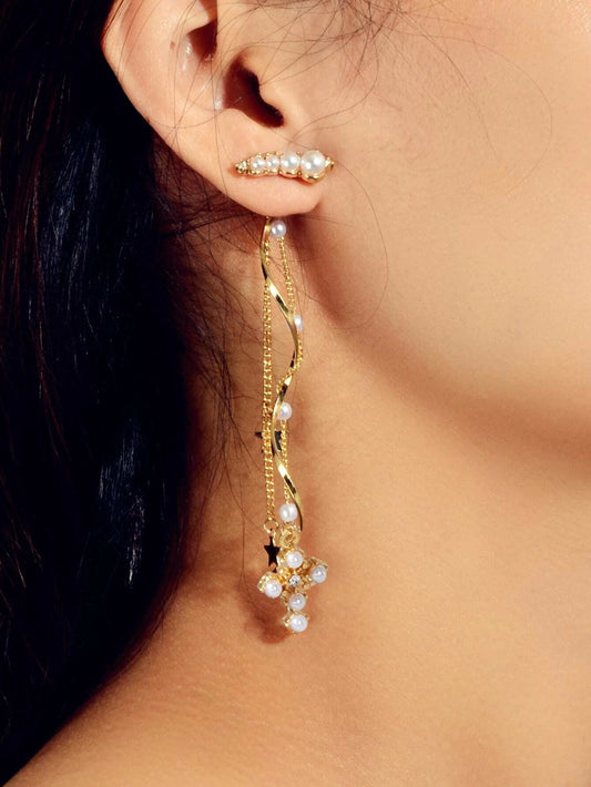 Rhinestone Pearl Gold Star Cross Charm Earrings Ear Jacket Tassel Stud Teen Gift