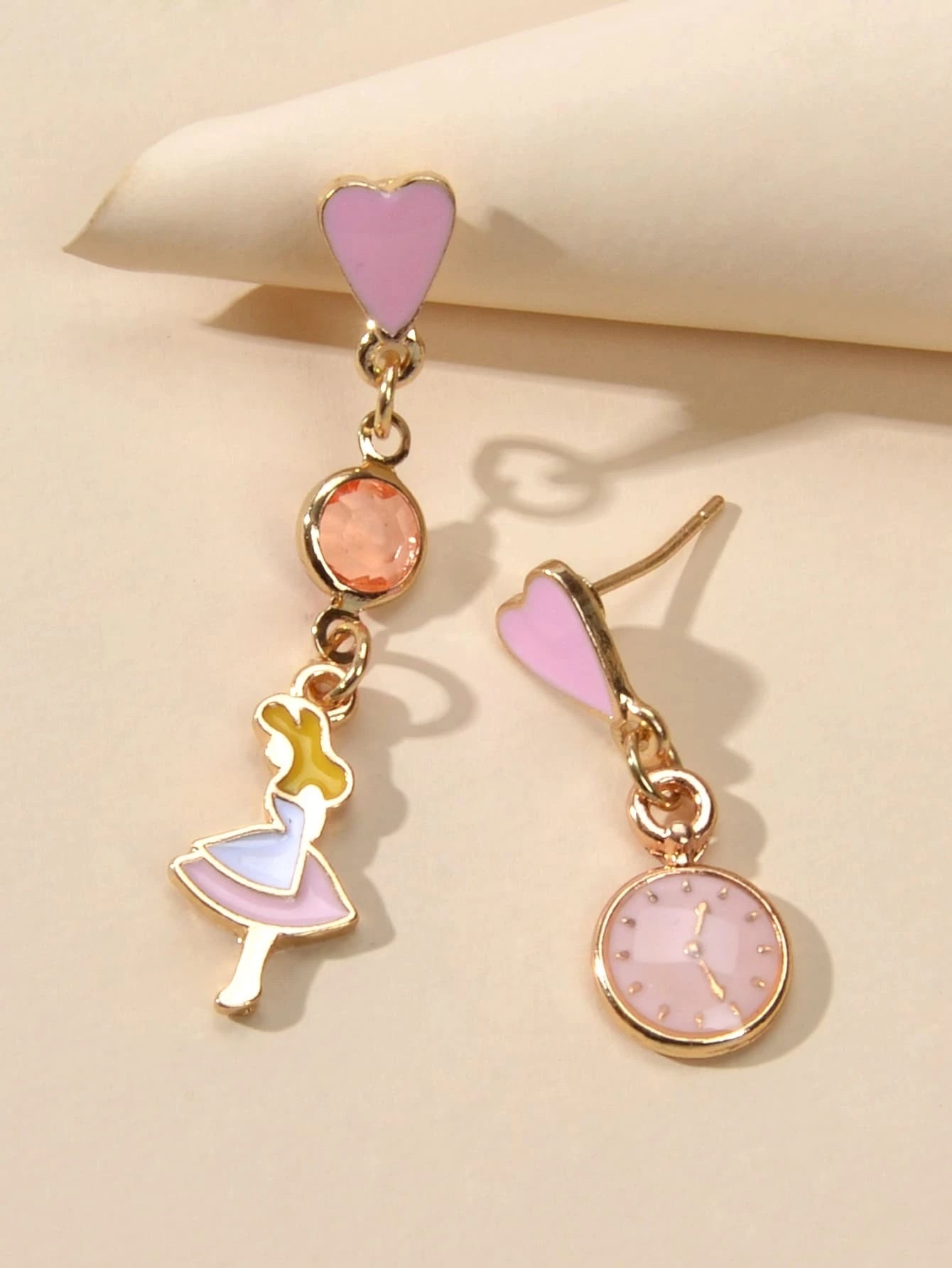 Cartoon Pink Heart Clock Dancer Asymmetric Drop Earrings Women Girls Dainty Gift