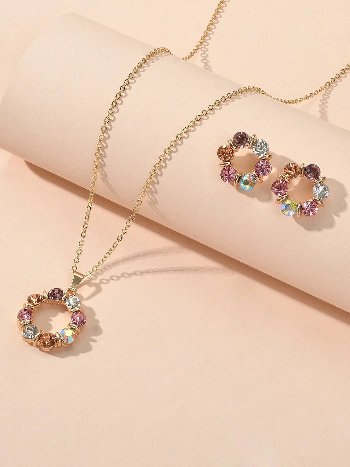 Colourful Rhinestone Flower Jewellry Set Round Charm Necklace Girl Stud Earrings