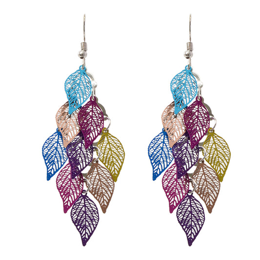 AU Local Bohemian Colorful Hollow Layered Leaf Stacks Hook Drop Dangle Earrings