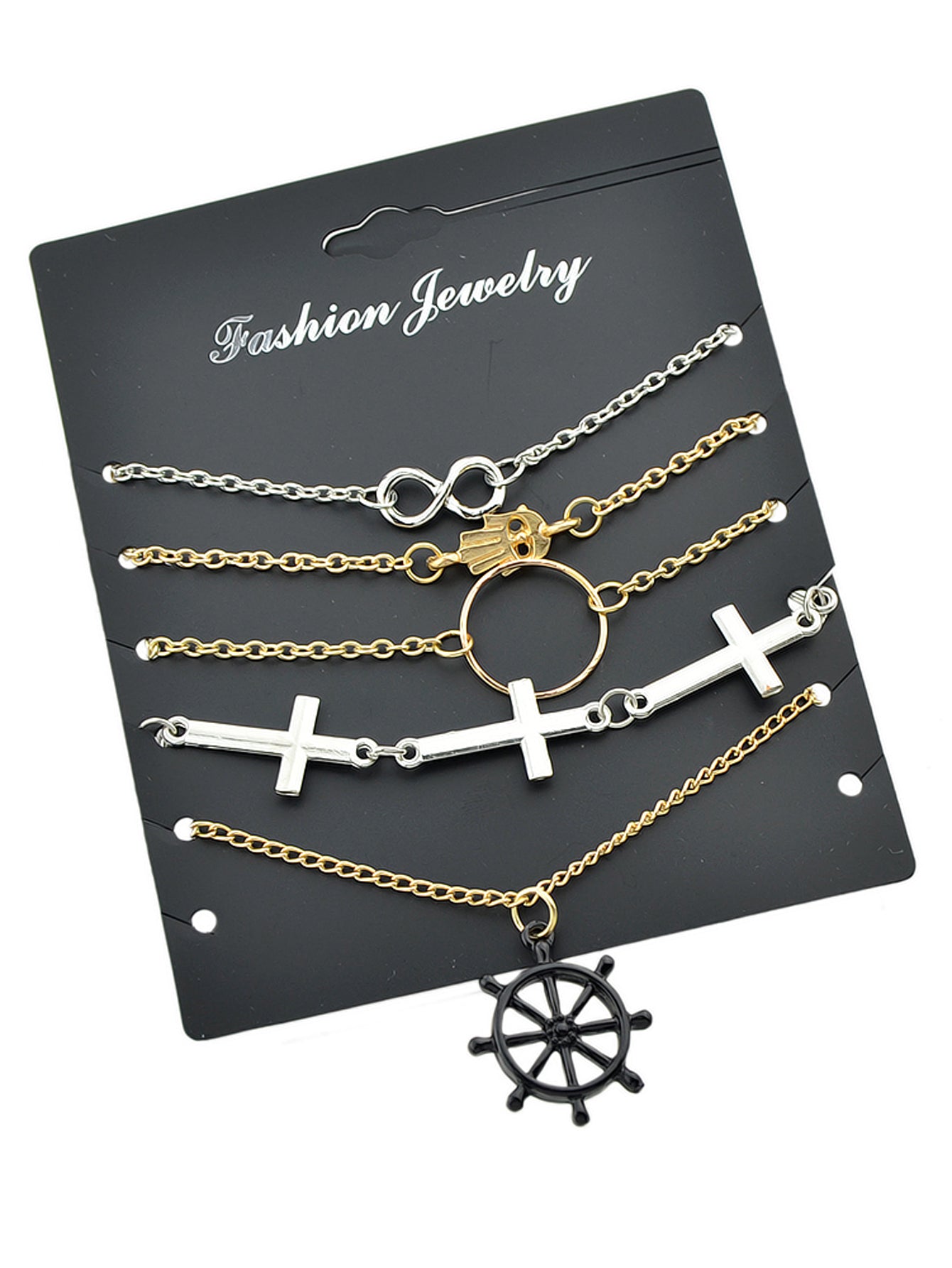 5pcs Nautical Silver Gold Chain Hand Infinity Cross Rudder Charm Bracelets set