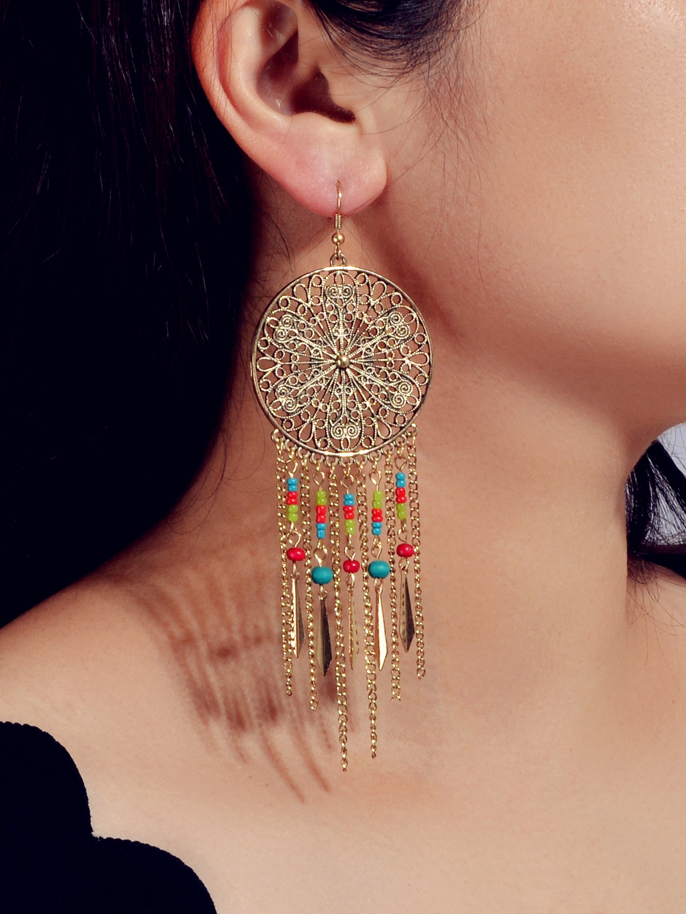 Antique Ethnic Jewellery Multicolour Seed Beads Tassel Dangle Bohemian Earrings