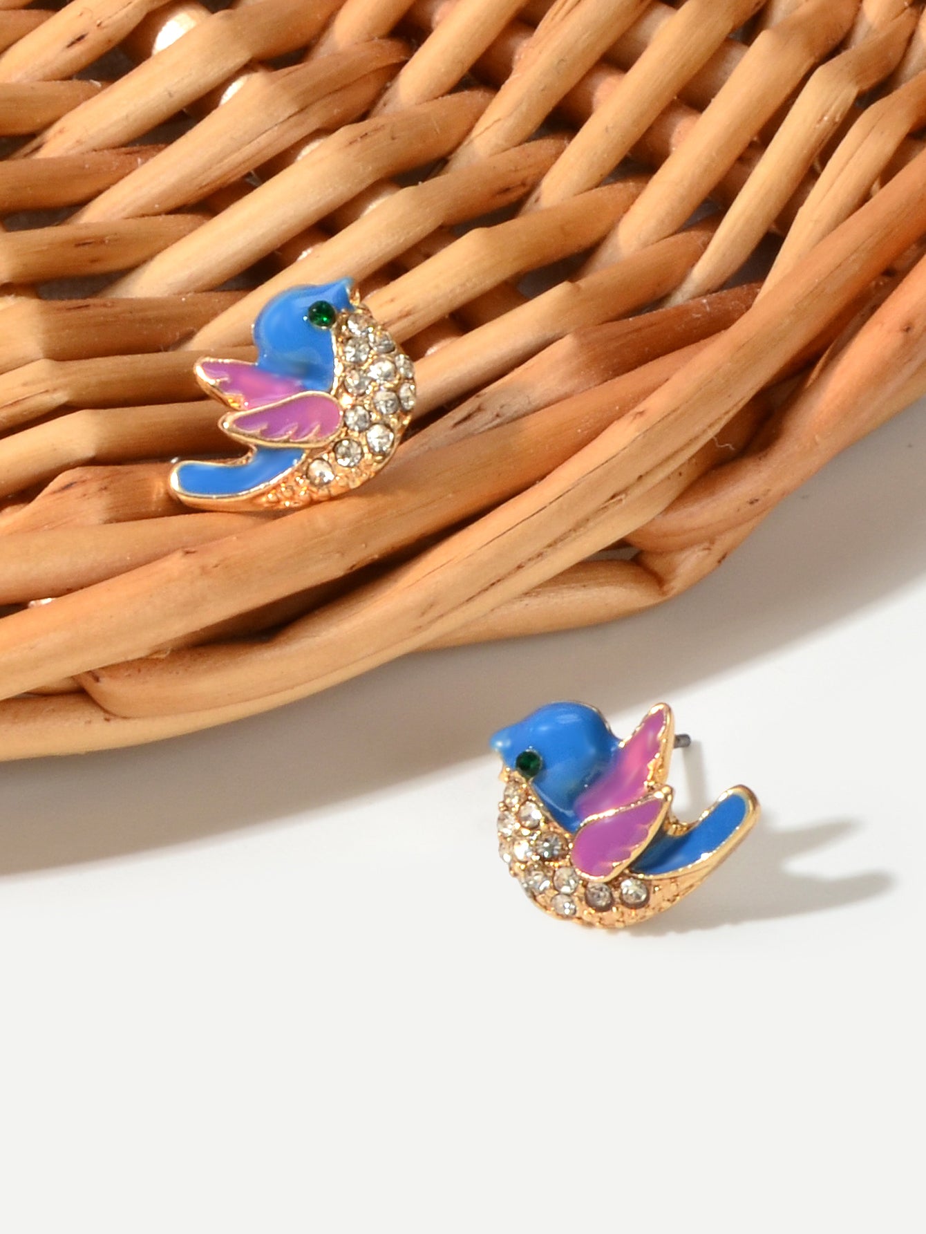 Small Rhinestone Purple Blue Enamel Love Birds Stud Earrings Funny Party Gifts