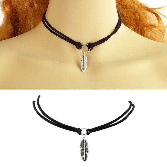 Gothic Leather Choker Feather Charm 90s Grunge Collar Double Layer Punk Necklace