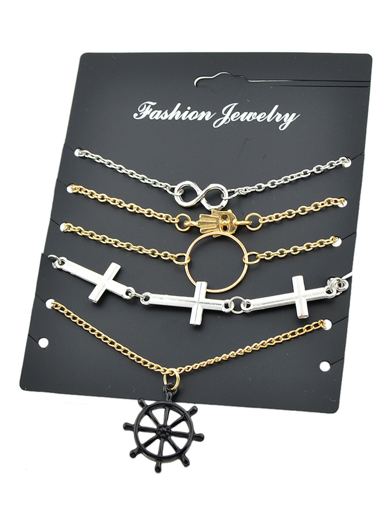 5pcs Nautical Silver Gold Chain Hand Infinity Cross Rudder Charm Bracelets set