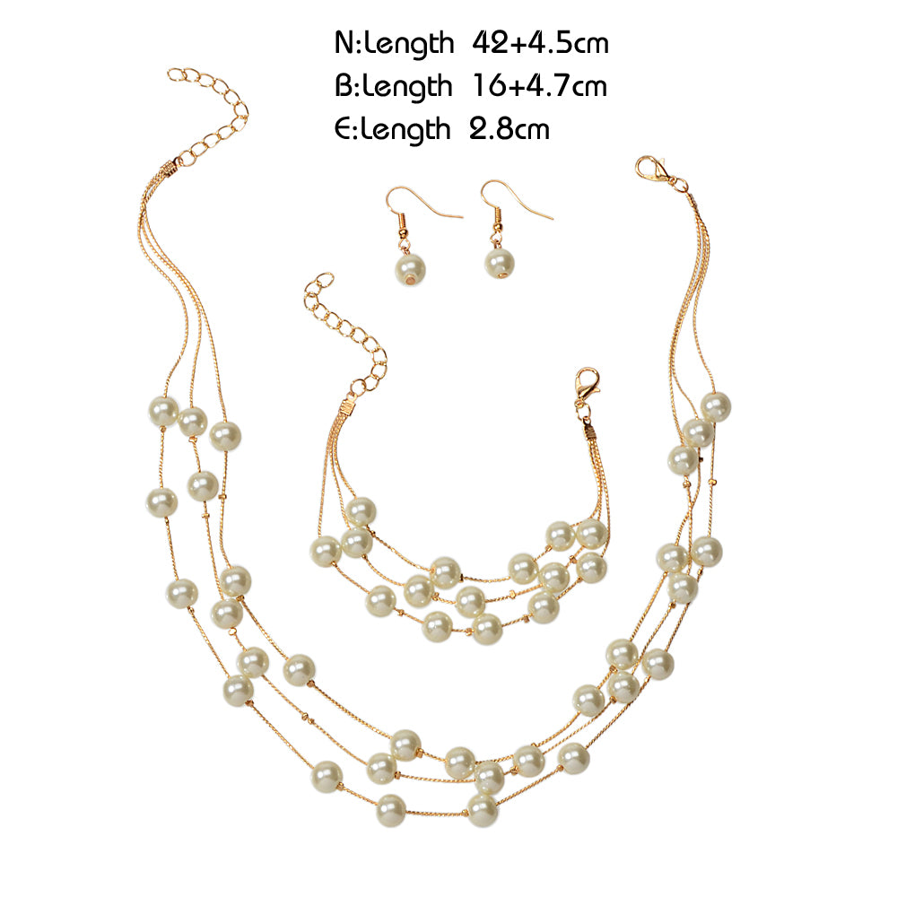 Jewellery set Pearl Decor Gold Multi-layer Chain Necklace Bracelet Drop Earrings