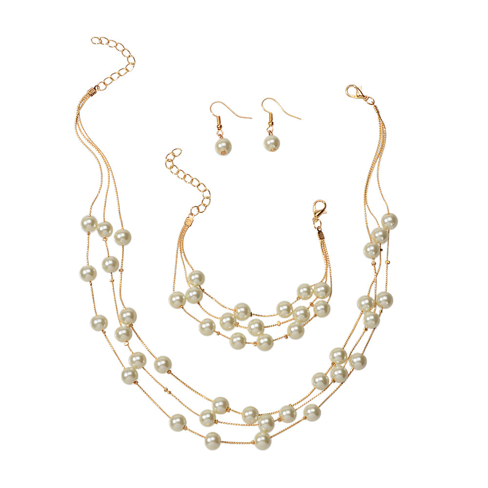 Jewellery set Pearl Decor Gold Multi-layer Chain Necklace Bracelet Drop Earrings