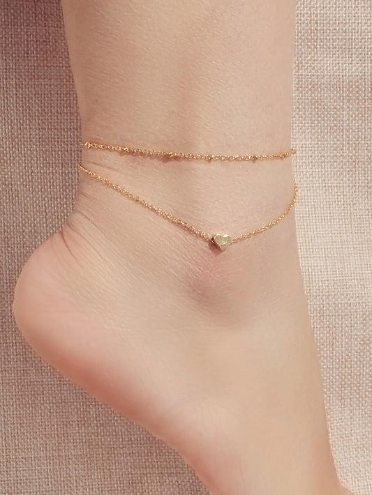 1 pc Beach Foot Jewellery Double layer Gold Chain Heart Charm Boho Chic Anklet