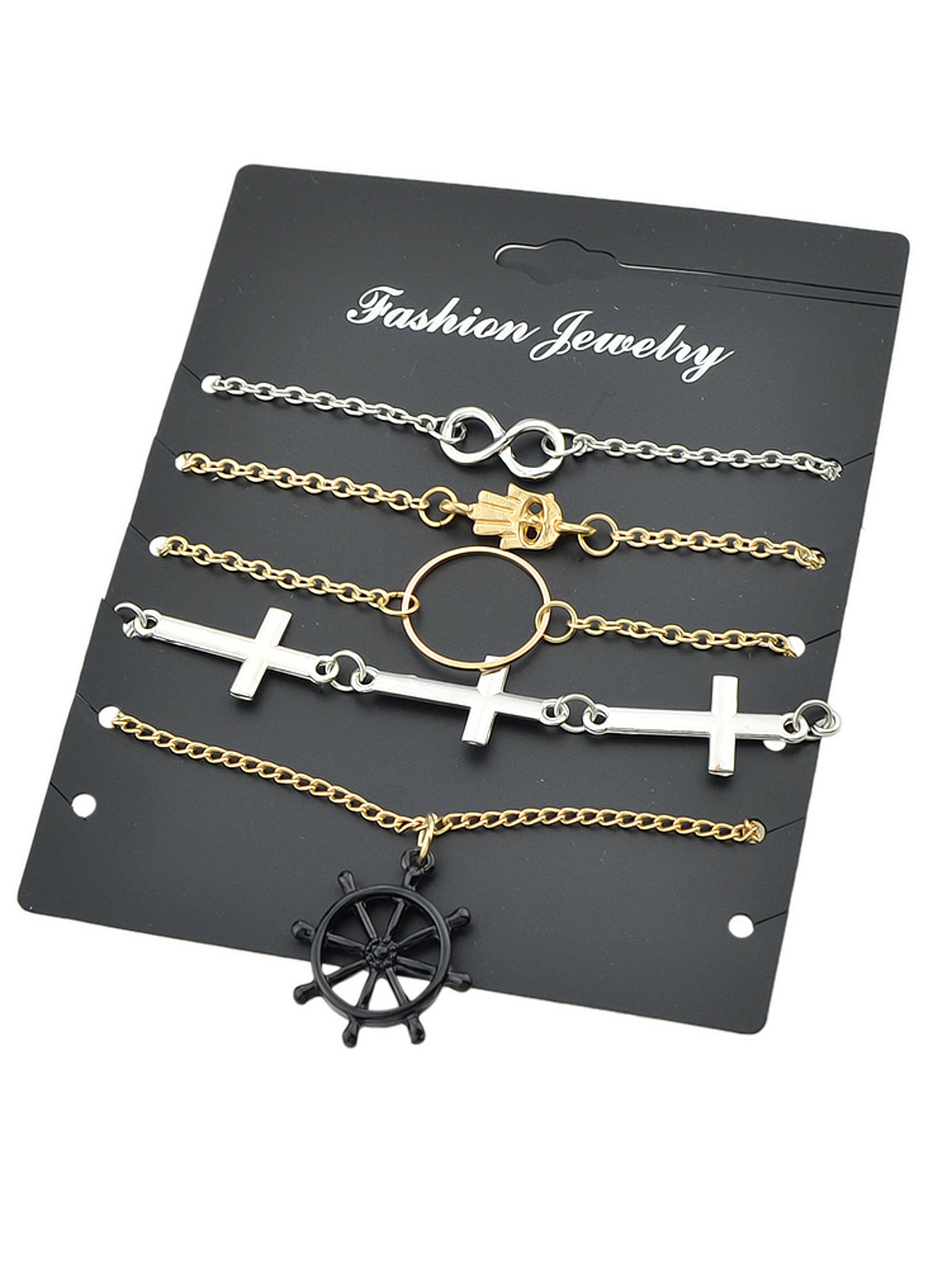 5pcs Nautical Silver Gold Chain Hand Infinity Cross Rudder Charm Bracelets set