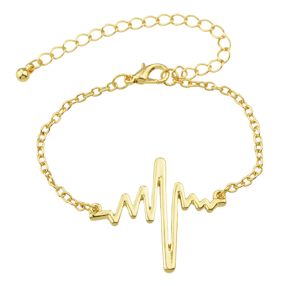 Minimalist Jewellery Gold Silver Black Metal Heartbeat Charm Bracelet for Women