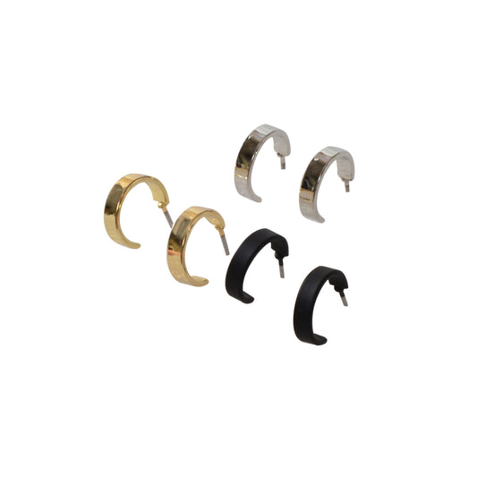 3 pairs Gold Silver Black Cute Hoop Stud Earrings Set Punk C-Shape Jewellery