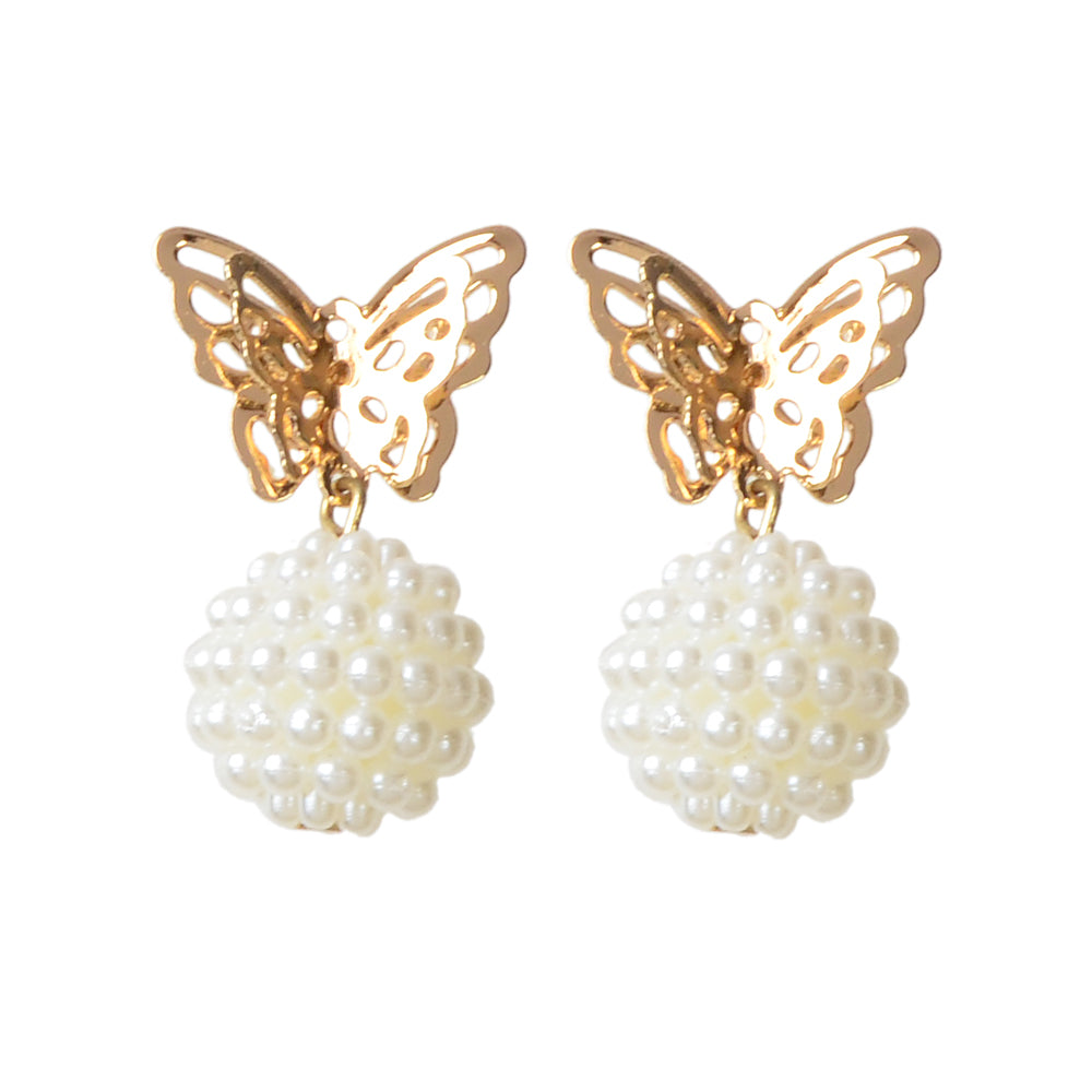 Faux Pearl Ball Gold Tone Butterfly Stud Earrings Women Teens Textured Jewellery