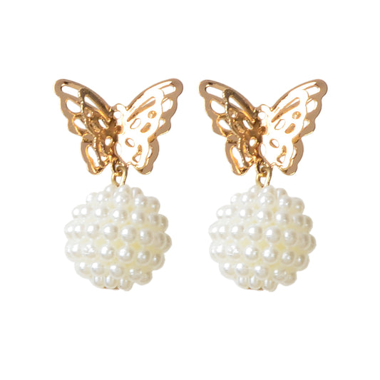 Faux Pearl Ball Gold Tone Butterfly Stud Earrings Women Teens Textured Jewellery