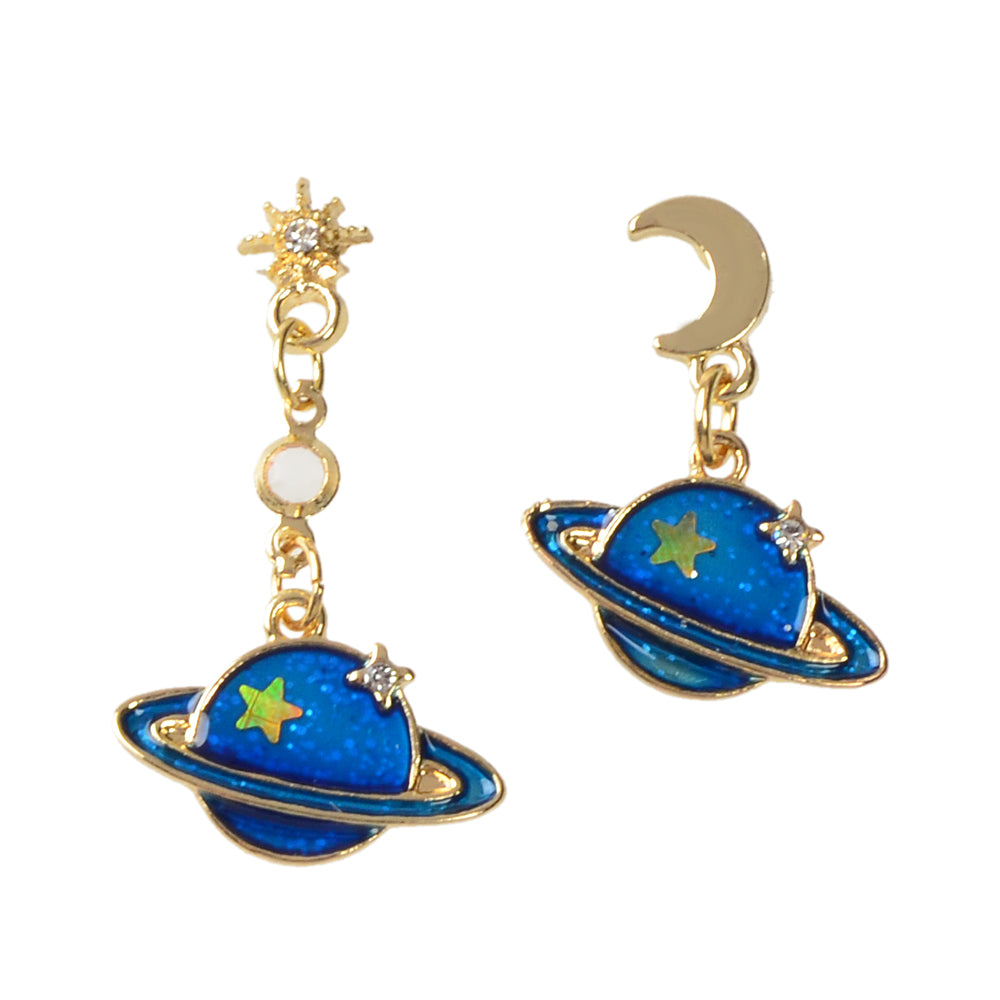 Fashion Jewellery Blue Enamel Planet Moon Star Asymmetric Drop Stunning Earrings