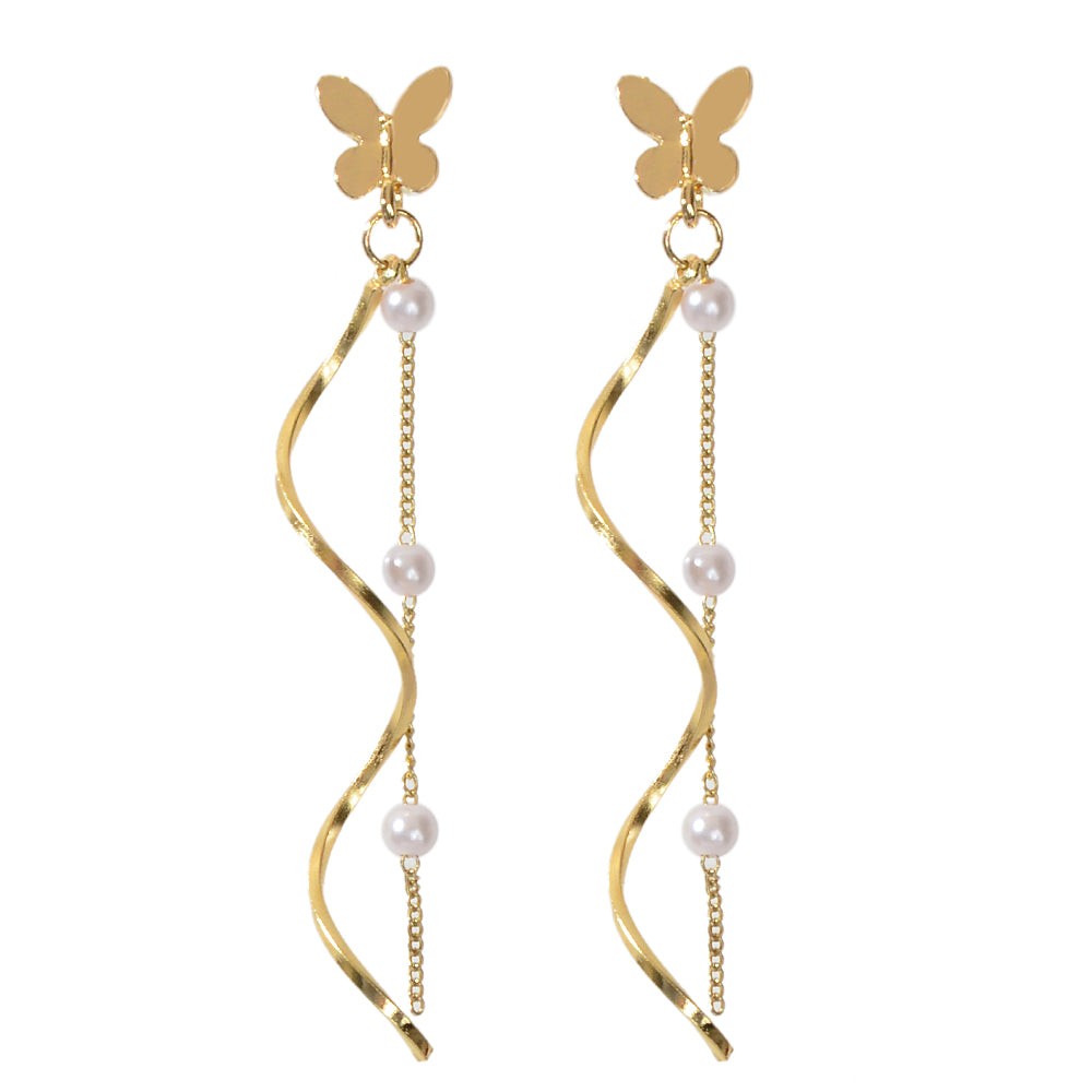 Fashion Pearl Decor Long Gold Chain Butterfly Geometric Dangle Women Earrings