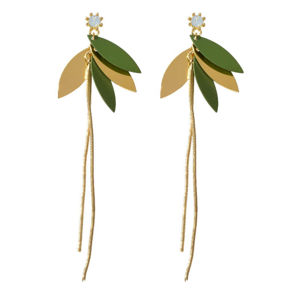 Female Jewellery Gold Green Leaf Long Chain Dangle Pierced Charm Women Earrings