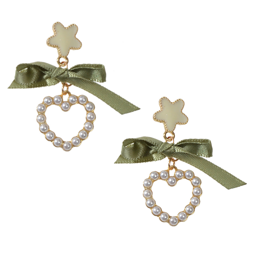 Cute Funny Handmade Enamel Flower Green Bow Pearl Heart Drop Earrings Women Gift