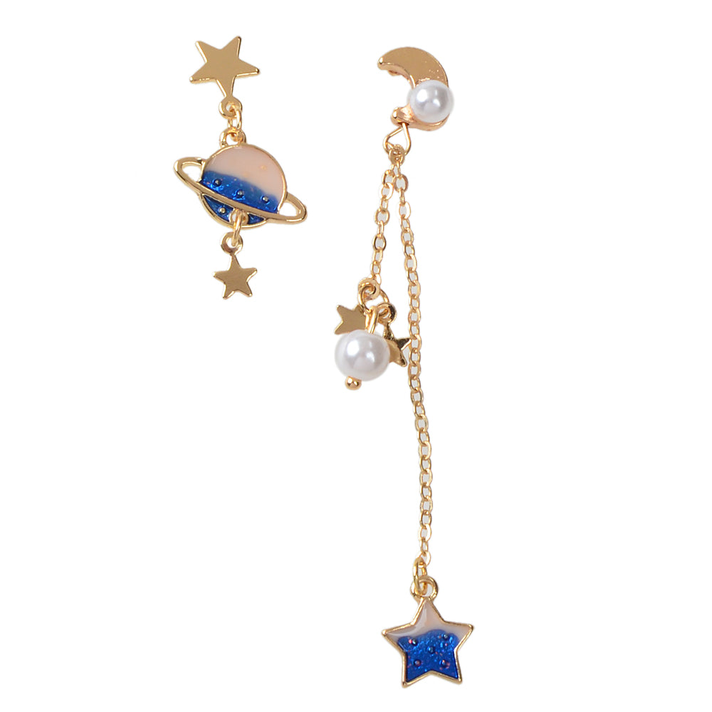 Asymmetric Pearl Star Planet Gold Chain Dangle Pierced Designer Jewelry Earrings