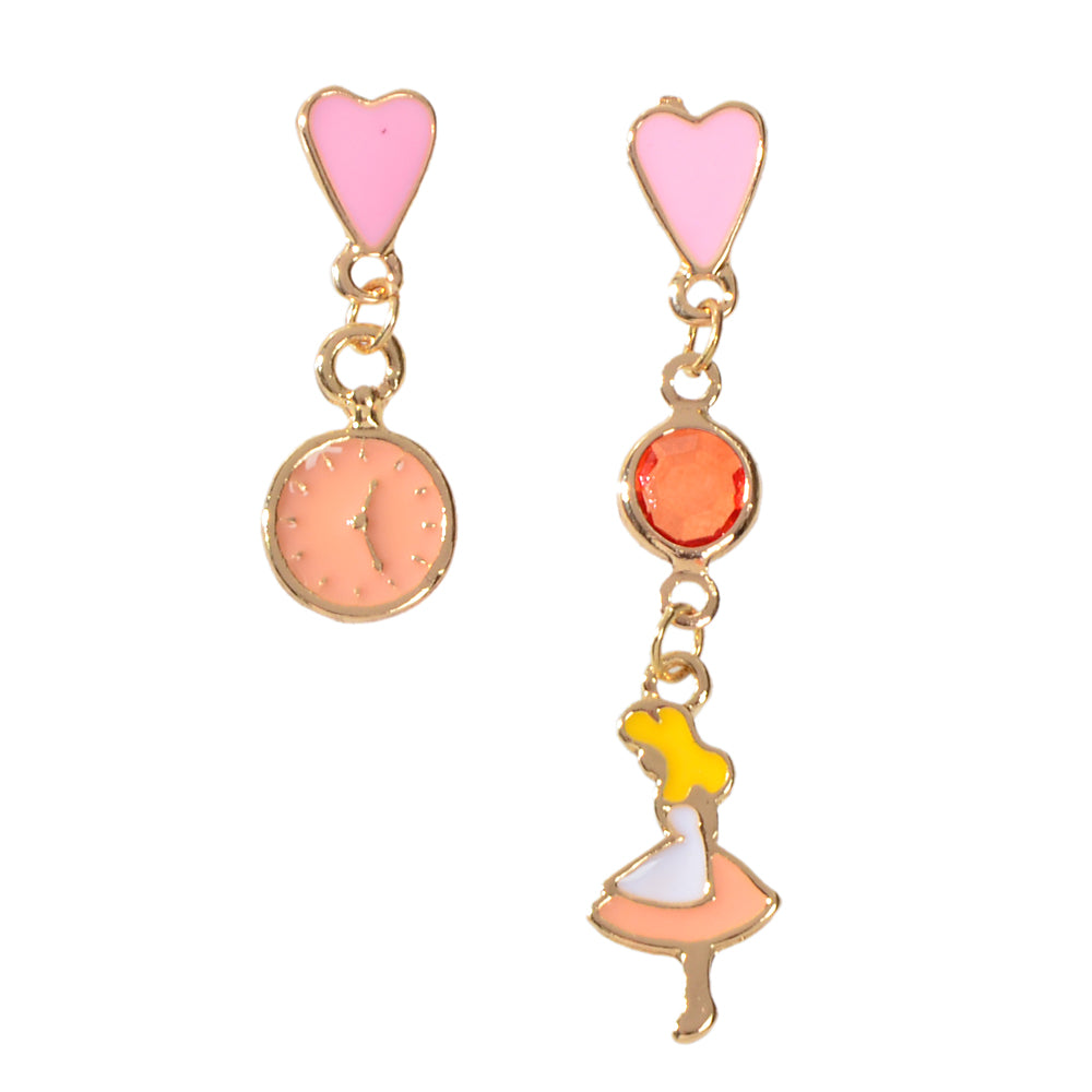 Cartoon Pink Heart Clock Dancer Asymmetric Drop Earrings Women Girls Dainty Gift