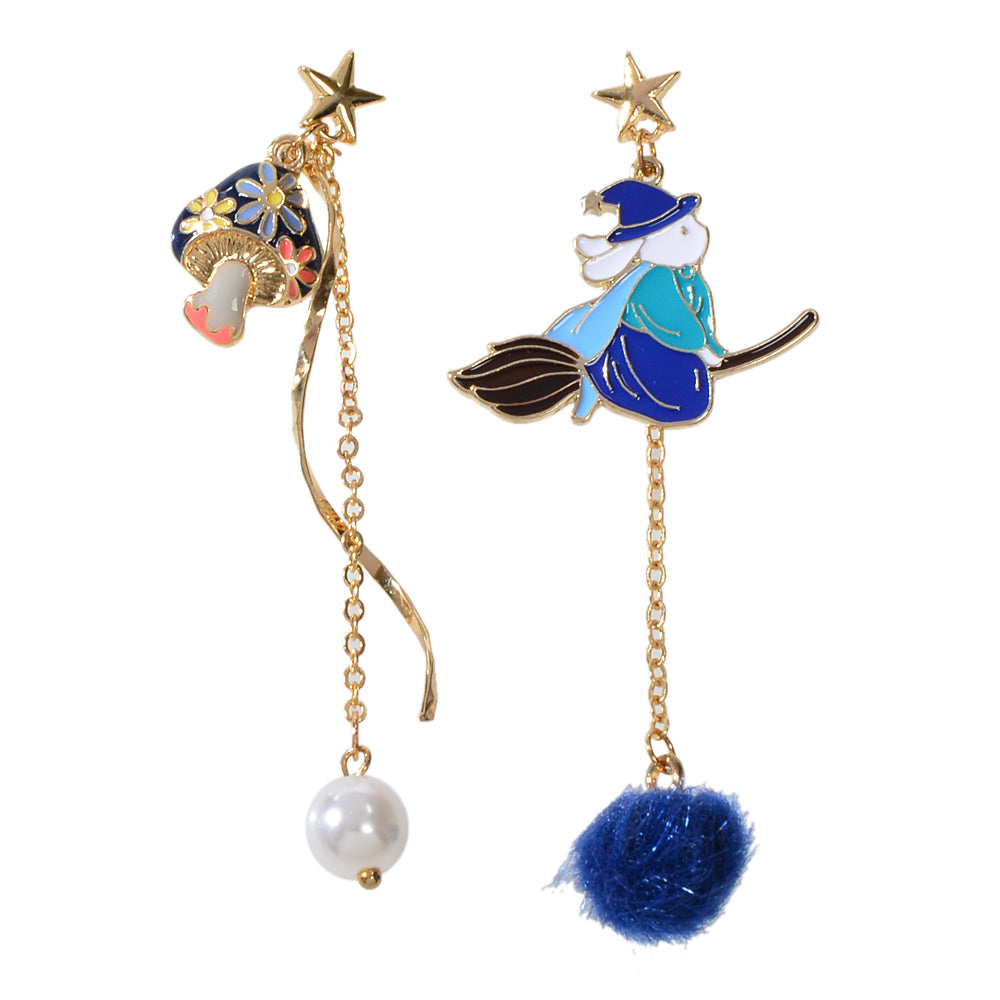 Cartoon Gold Star Colorful Rabbit Mushroom Asymmetric Pearl Blue Ball Earrings