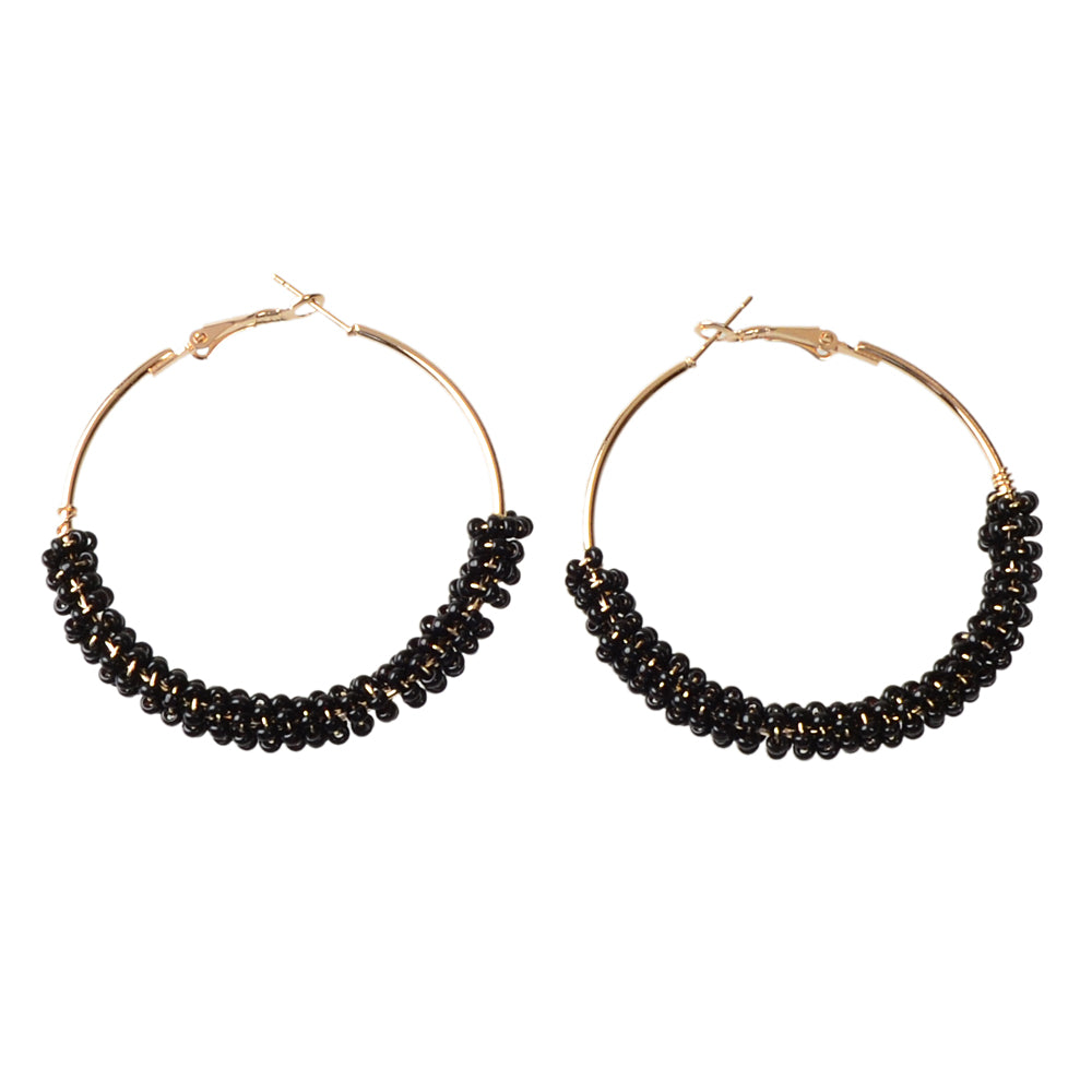 Bohemian Jewellery Handmade Black Beads Big Hoop Earrings Ethnic Women Accessory