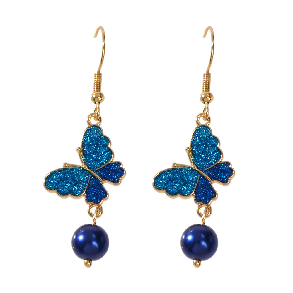 AU Stock Dark Blue Pearl Beads Butterfly Dangle Drop Earrings Bling Jewellery