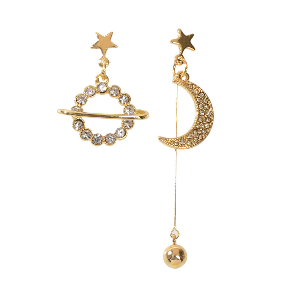 Fashion Rhinestone Ball Pendant Gold Moon Planet Asymmetric Drop Dangle Earrings