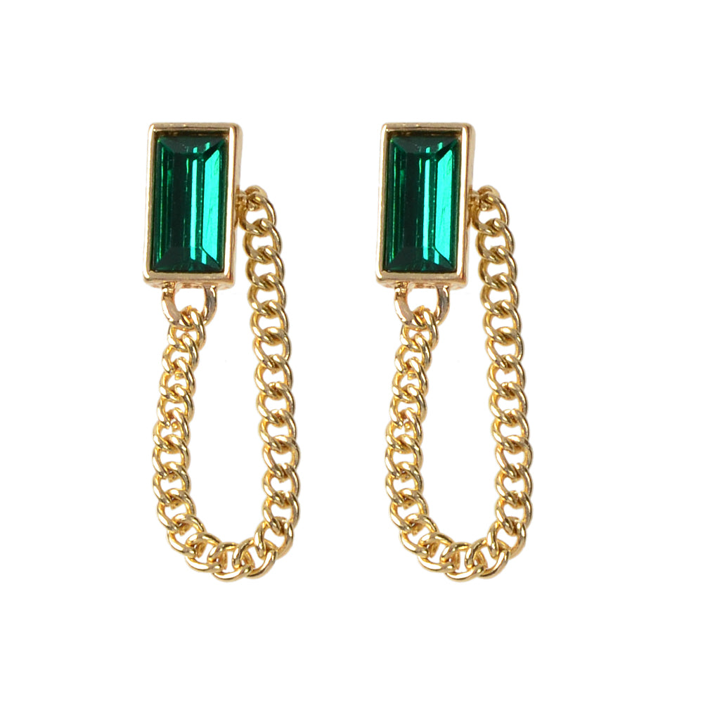 Gold Tone Chain Green Square Drop Dangle Earrings Ear Jacket Tassel Stud Jewelry