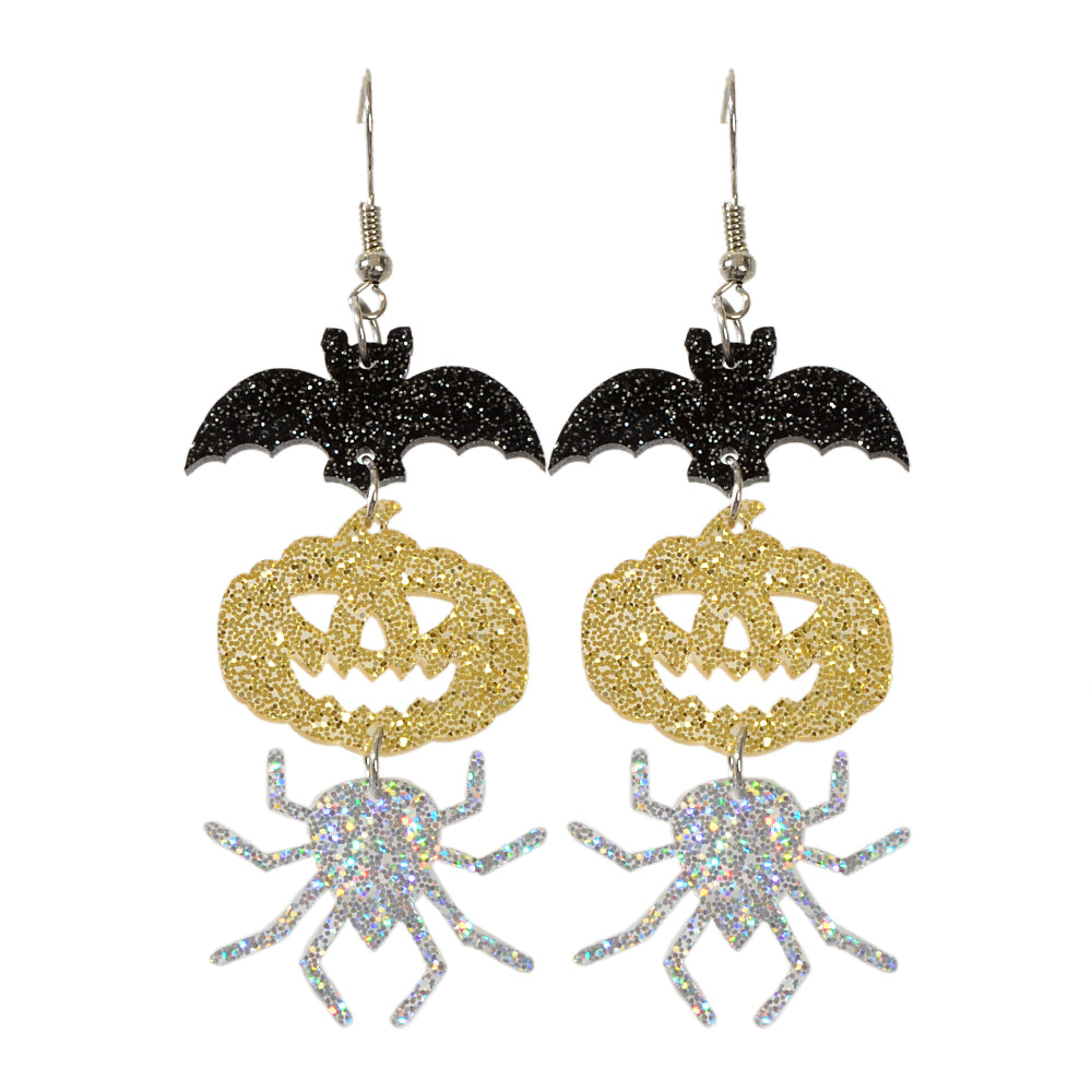 Halloween Gothic Acrylic Black Bat Spider Pumpkin Statement Drop Earrings Party