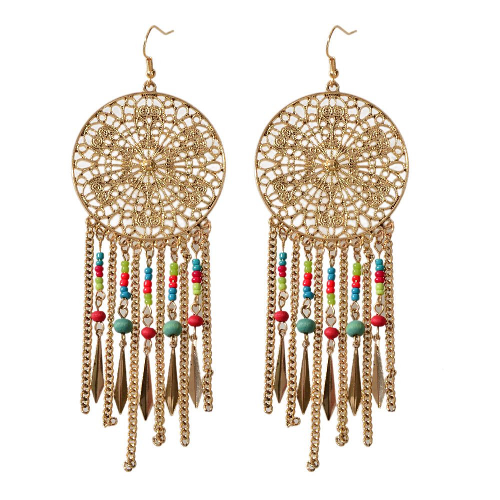 Antique Ethnic Jewellery Multicolour Seed Beads Tassel Dangle Bohemian Earrings