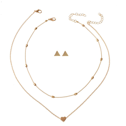 Double Layer Gold Chain Heart Charm Necklace Triangle Stud Earrings Jewelry Set