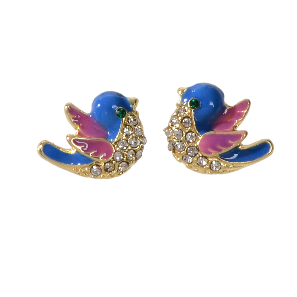 Small Rhinestone Purple Blue Enamel Love Birds Stud Earrings Funny Party Gifts