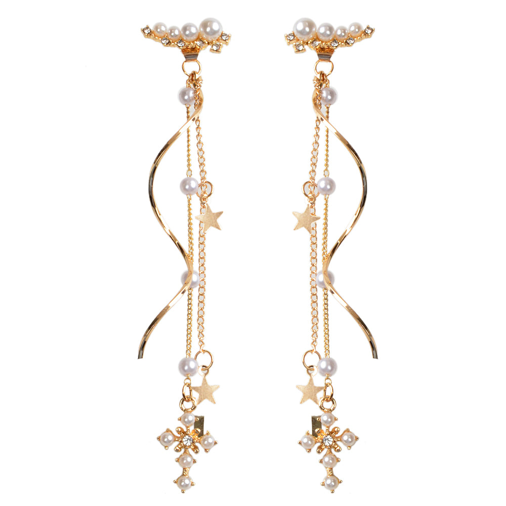 Rhinestone Pearl Gold Star Cross Charm Earrings Ear Jacket Tassel Stud Teen Gift