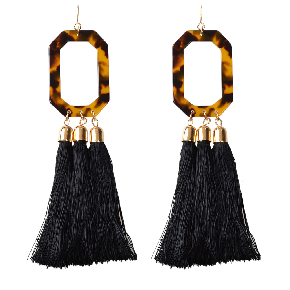 Bohemian Jewellery Leopard Acrylic Black Tassel Dangle Earring Ethnic Accessory