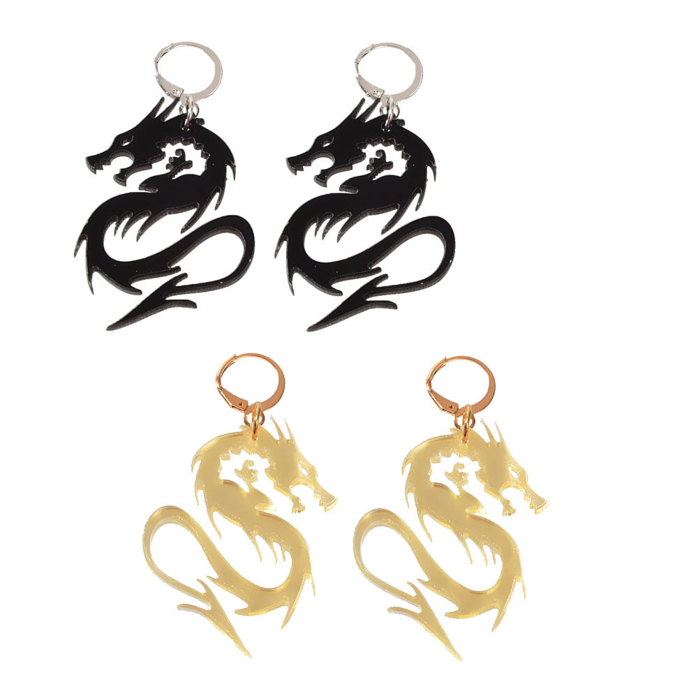 2pairs Hiphop Jewellery Acrylic Black Gold Dragon Drop Earrings Punk Accessories