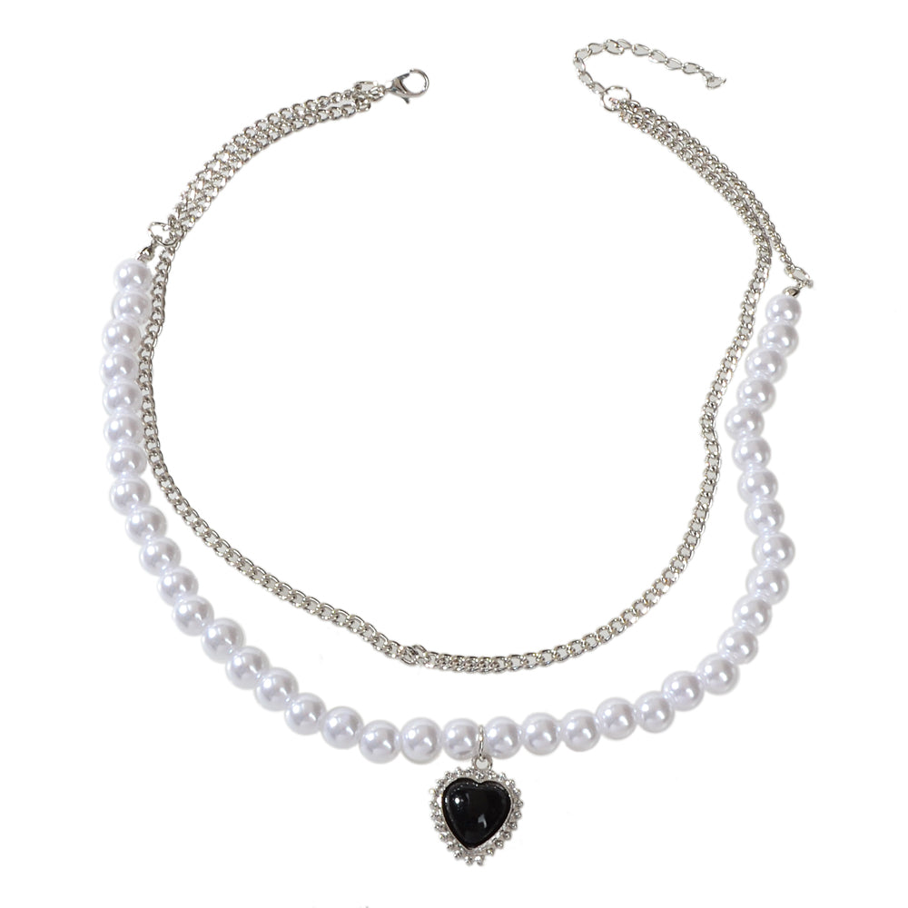 Textured Double layer Silver Pearl Chain Black Heart Necklace Retro Jewellery