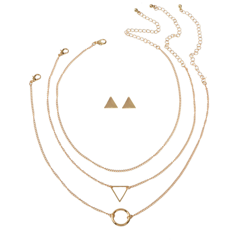 Jewellery set 3 pcs Gold Chain Circle Triangle Pendant Necklace Stud Earrings