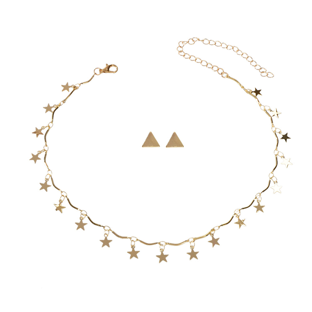 Jewellery set Fashion Gold Stars Charm Statement Necklace Triangle Stud Earrings