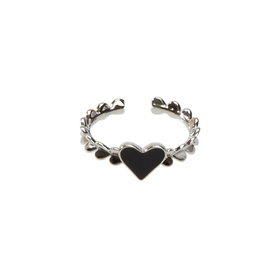 AU Post Open Adjustable Black Enamel Love Heart Silver Cuff Ring Party Jewellery